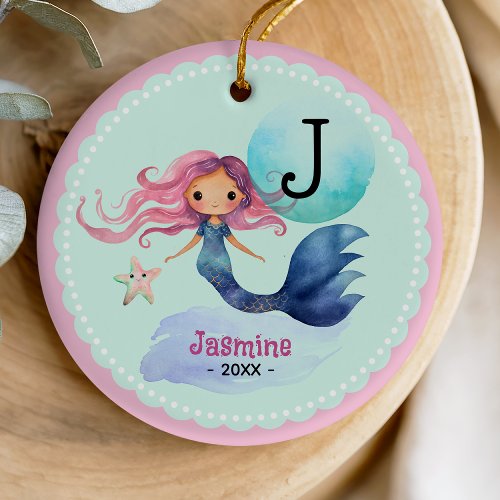Whimsical Aqua Blue Mermaid Christmas Keepsake Ceramic Ornament