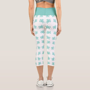 Whimsical Aqua Blue Sea Turtles Nautical Pattern Capri Leggings