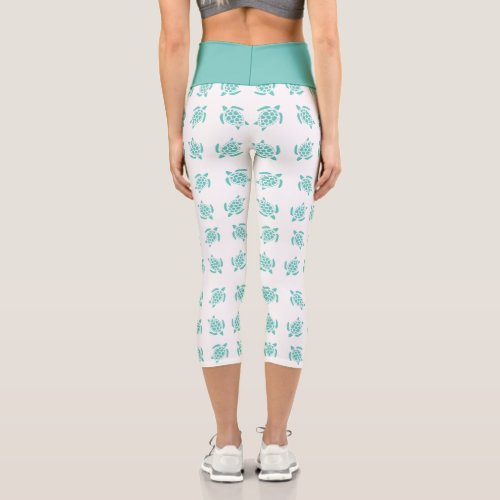 Whimsical Aqua Blue Sea Turtles Nautical Pattern  Capri Leggings