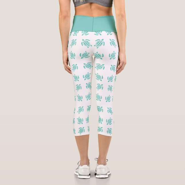 Whimsical Aqua Blue Sea Turtles Nautical Pattern  Capri Leggings (Back)