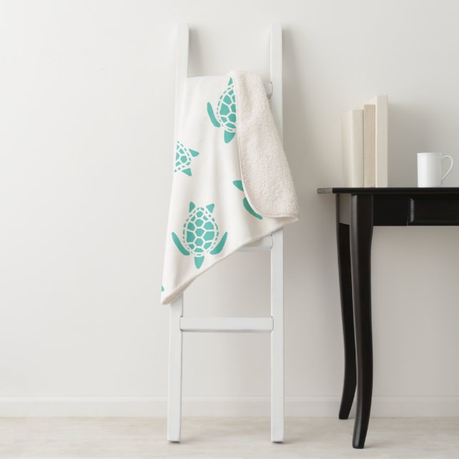 Whimsical Aqua Blue Sea Turtles Nautical Pattern   Sherpa Blanket (In Situ)