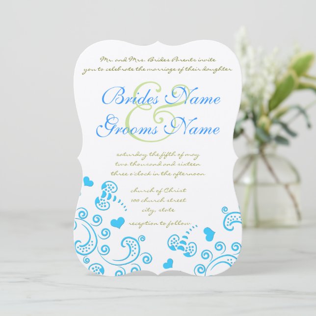 Whimsical Aqua Bumble Bee Swirl Wedding Invite (Standing Front)