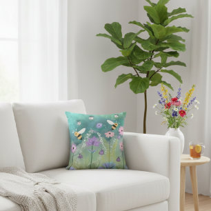 Whimsical Aqua Meadow Floral Bee Art Throw Pillow