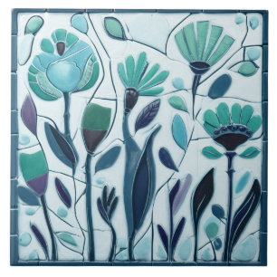 Whimsical Aqua Turquoise Floral Flowers Ceramic Tile