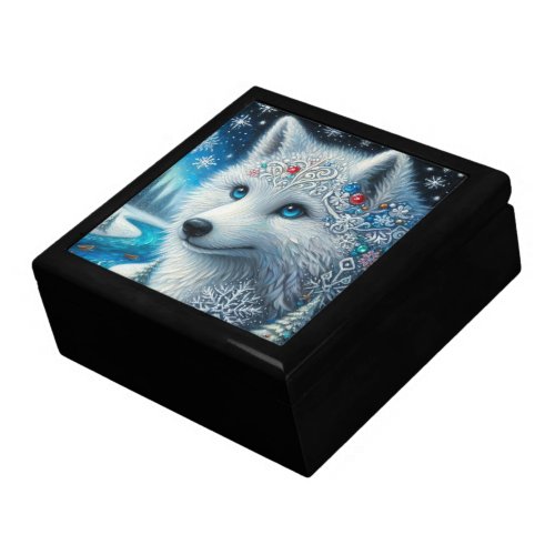 Whimsical Arctic Wolf Snowflakes Blue White Gift Box