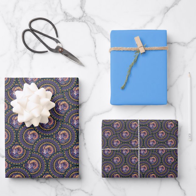 Whimsical Aries Astrology Mandala Art Deco Fans Wrapping Paper Sheets (Front)