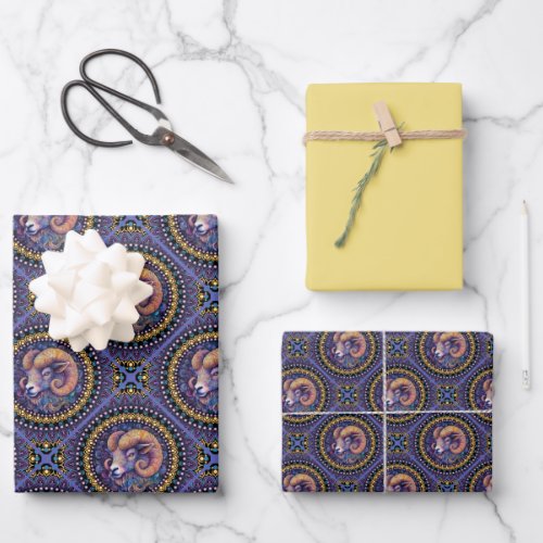 Whimsical Aries Astrology Mandala Geometric Tile Wrapping Paper Sheets