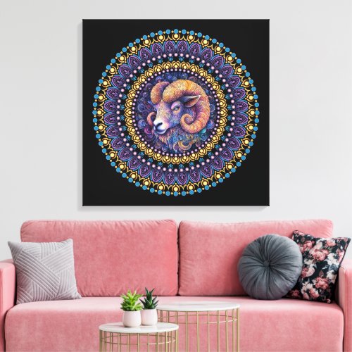 Whimsical Aries Zodiac Dot Mandala Canvas Wall Art