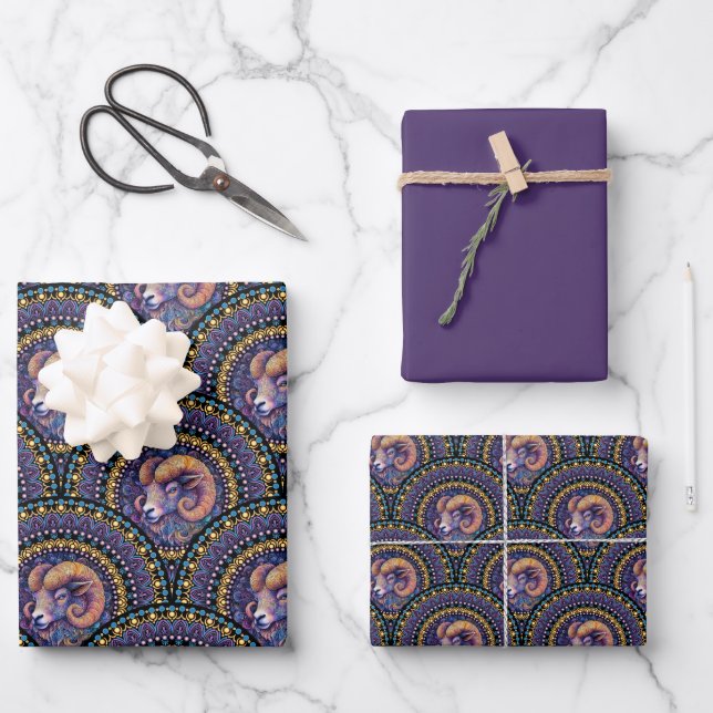 Whimsical Aries Zodiac Mandala Art Deco Scallop Wrapping Paper Sheets (Front)