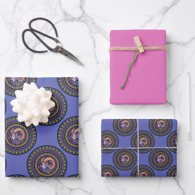 Whimsical Aries Zodiac Sign Polka Dot Mandala Wrapping Paper Sheets (Front)
