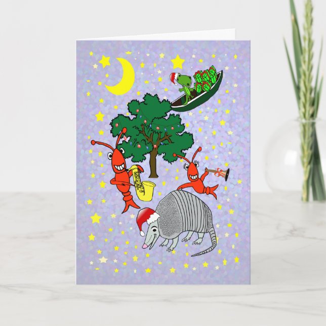 Whimsical Armadillo Crawfish Gator Xmas Holiday Card (Front)