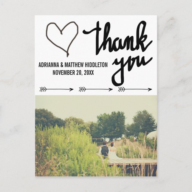 Whimsical Arrows Heart Wedding Thank You Photo Postcard (Front)
