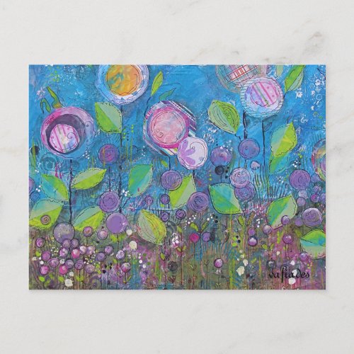 Whimsical art bright flowers in beautiful garden postcard