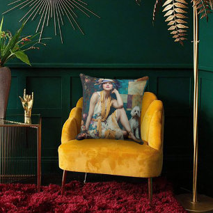 Whimsical Art Deco 1920's Flapper Girl and Poodle Throw Pillow