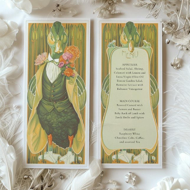 Whimsical Art Deco Duck Wedding Menu Card (Creator Uploaded)