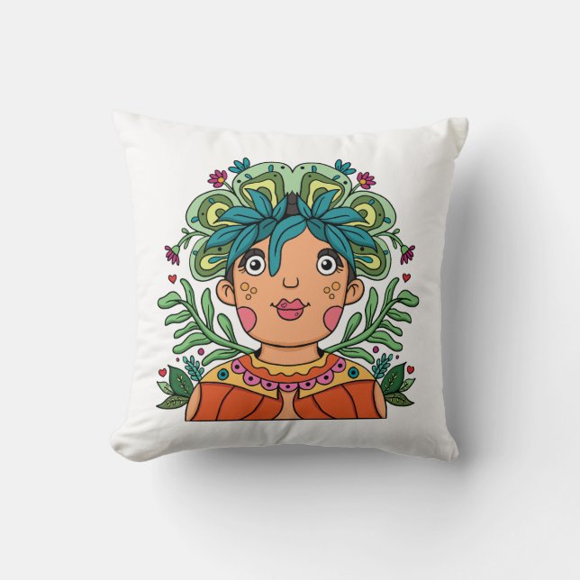 Whimsical Art Girl with Floral Crown Throw Pillow (Front)