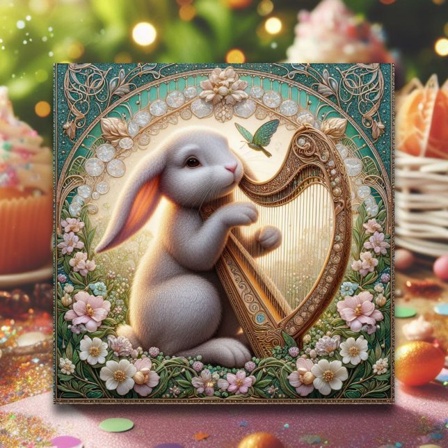 Whimsical Art Nouveau Musician Rabbit Easter  Holiday Card (Creator Uploaded)