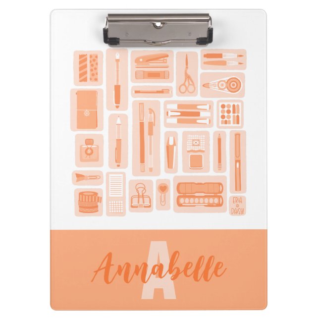 Whimsical Art Supplies Peach Orange Monogram Clipboard (Front)