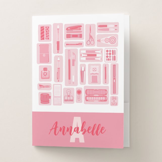 Whimsical Art Supplies Pink Pattern Monogram Pocket Folder (Front)