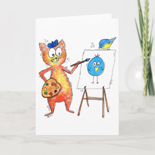 Whimsical Artist Cat Painting a Bird Card