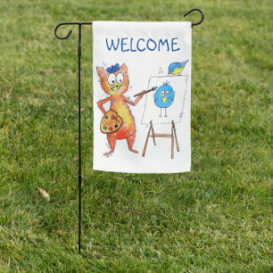 Whimsical Artist Cat Painting a Bird Garden Flag
