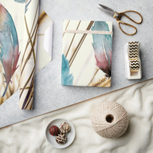 Whimsical Artistic Botanical Teal Rose Feather Wrapping Paper
