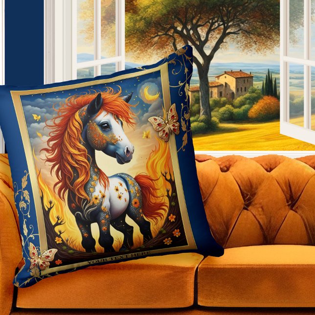 Whimsical Artistic Horse Colorful Animal  Throw Pillow (Pillow featuring a whimsical painting of a colorful cute horse at night, with butterfly friends)
