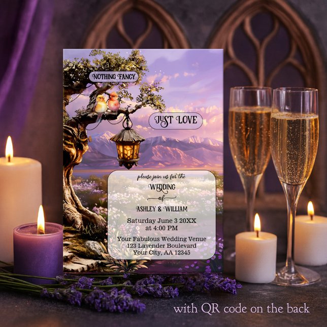 Whimsical Artistic Romantic Lavender Wedding Invitation (Whimsical wedding invitation featuring a painting of a lavender landscape at sunset with lantern)