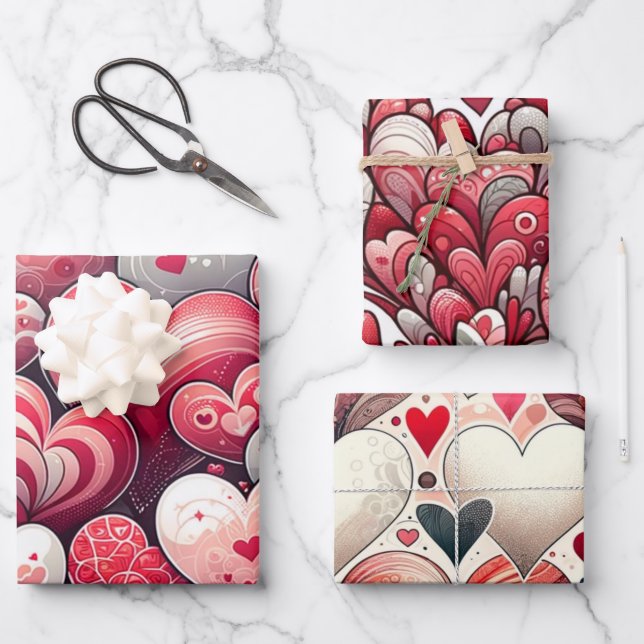 Whimsical Artsy Fancy Grey and Red Valentine's Day Wrapping Paper Sheets (Front)