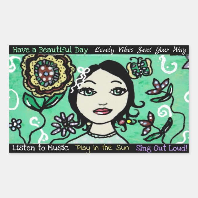 Whimsical Artsy Girl Flowers and Colorful Rectangular Sticker (Front)