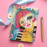 Whimsical Artsy Girl Pink Hair Black and White Card<br><div class="desc">This colorful mixed media original art piece features a whimsical girl with bright pink hair on a colorful abstract background of dusty blue and tangerine orange with pink, yellow, and green half circle shapes and black and white stripes and an assortment of doodles. The blank card has customizable "thinking of...</div>