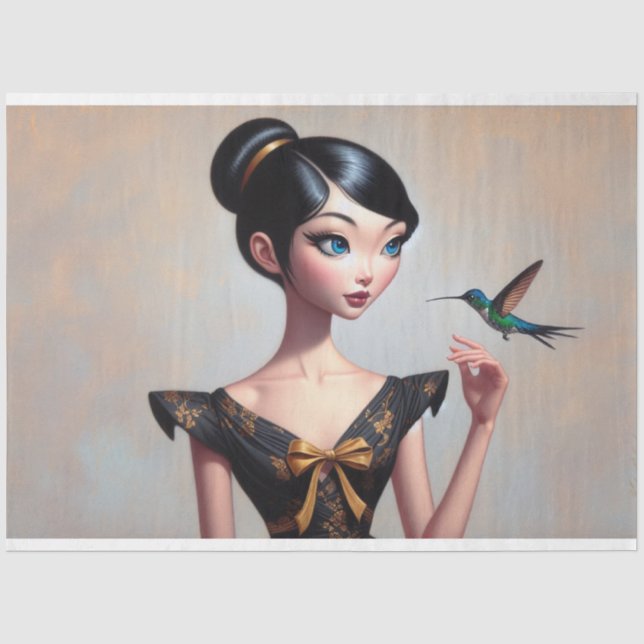Whimsical Asian Girl with Hummingbird Decoupage  Tissue Paper (Front)