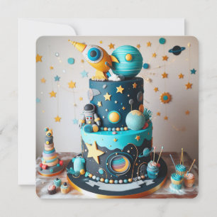 WHIMSICAL ASTRONAUT & SPACE KIDS BIRTHDAY CAKE CARD