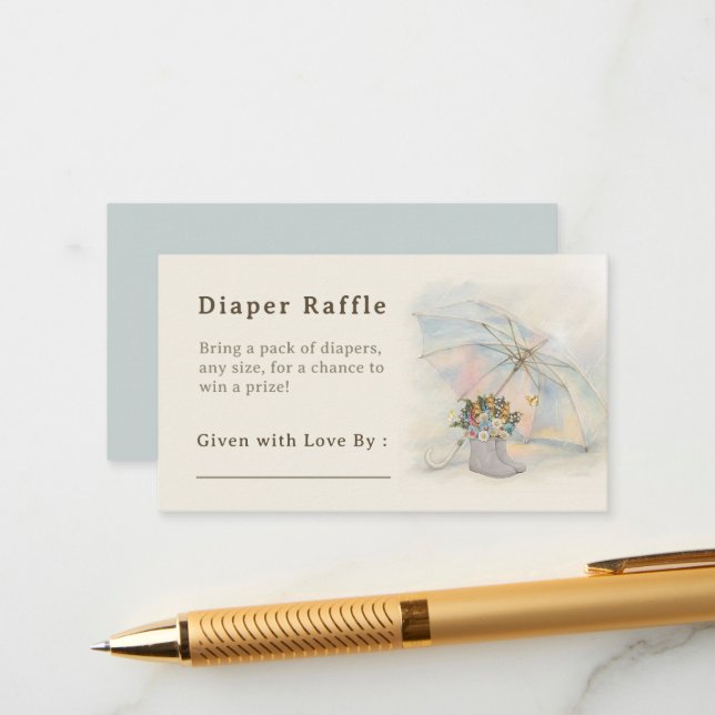 Whimsical Aura Umbrella Floral Boots Diaper Raffle Enclosure Card (Front/Back In Situ)