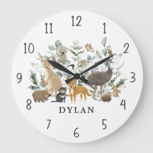 Whimsical Australian Animals Greenery Boy Nursery Large Clock