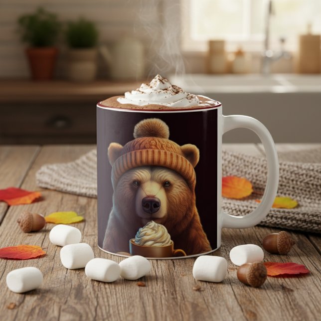 Whimsical Autumn Bear Hot Cocoa Hygge Two-Tone Coffee Mug (Cozy Autumn Aesthetic Hot cocoa Bear Mug Woolly Hat Bear with Coffee Mug Bear Lover Cottagecore )