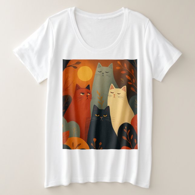 Whimsical Autumn Cats Mid Century Art Plus Size T-Shirt (Design Front)