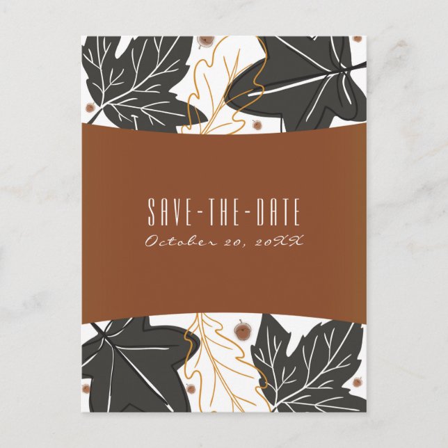 Whimsical Autumn Fall Leaves Acorns Save the Date Announcement Postcard (Front)