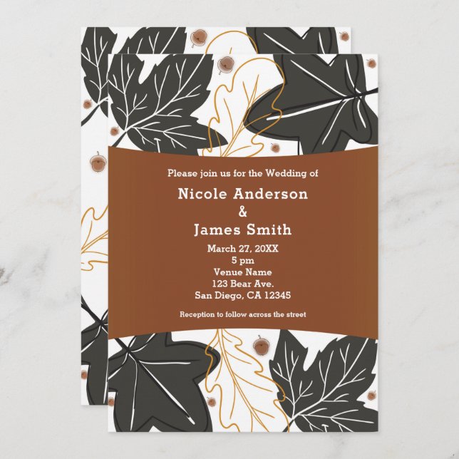 Whimsical Autumn Fall Leaves & Acorns Wedding Invitation (Front/Back)