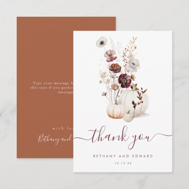 Whimsical Autumn Floral Wedding Thank You Card (Front/Back)