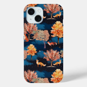 Whimsical Autumn Fox Night Forest Seamless Pattern iPhone 15 Case