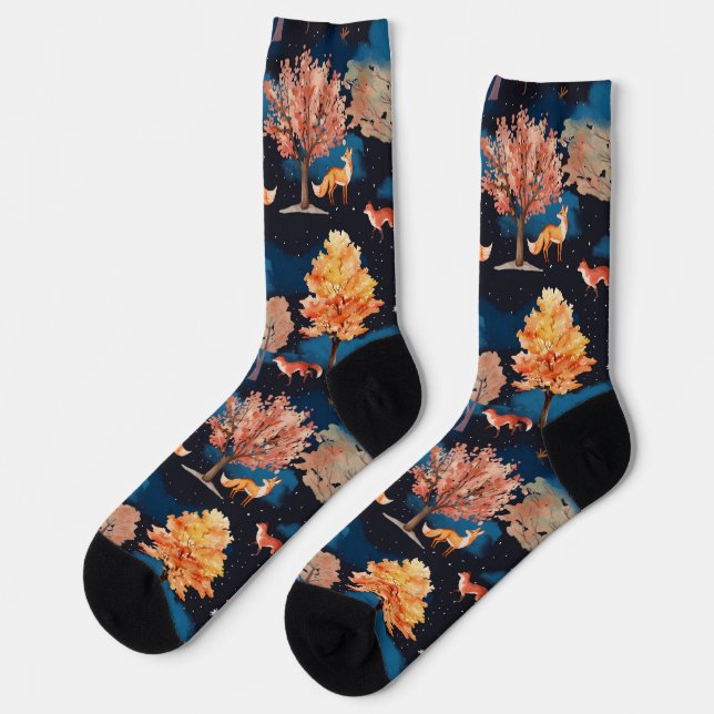 Whimsical Autumn Fox Night Forest Seamless Pattern Socks (Left)
