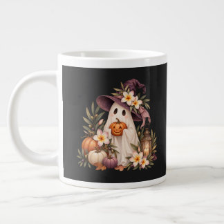 Whimsical Autumn Ghost with Pumpkins and Flowers Giant Coffee Mug