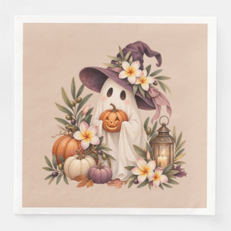 Whimsical Autumn Ghost with Pumpkins and Flowers Paper Dinner Napkins