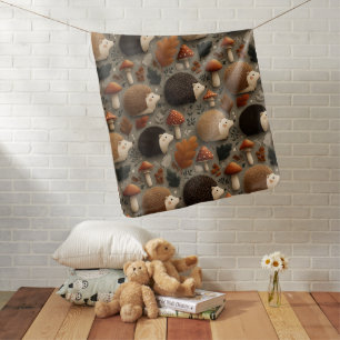 Whimsical Autumn Hedgehog & Mushroom Pattern Baby Blanket