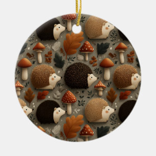 Whimsical Autumn Hedgehog & Mushroom Pattern Ceramic Ornament