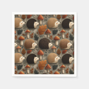 Whimsical Autumn Hedgehog & Mushroom Pattern Napkins