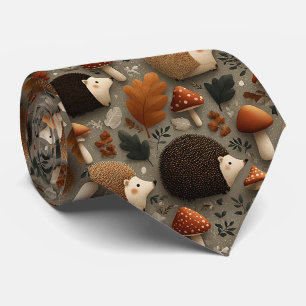 Whimsical Autumn Hedgehog & Mushroom Pattern Neck Tie