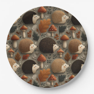 Whimsical Autumn Hedgehog & Mushroom Pattern Paper Plates