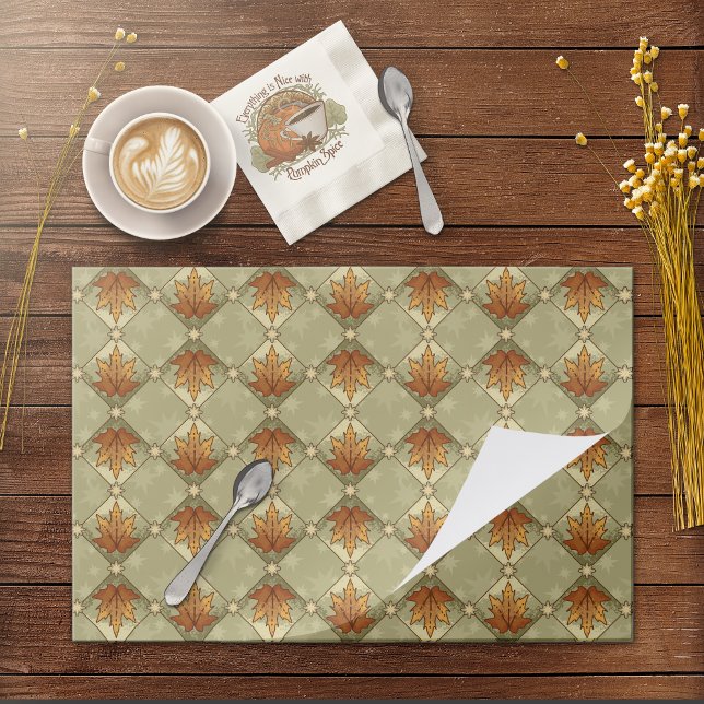 Whimsical Autumn Leaves Checkered Paper Placemat (Autumn Leaves Stars Diamond Pattern Paper Placemat - Shown with Matching Pumpkin Spice Paper Napkin.)